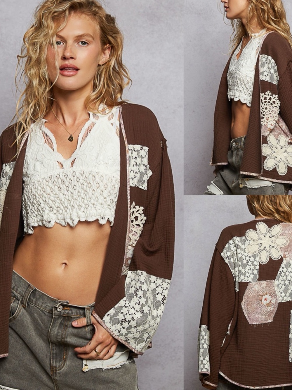 POL “ Keepsake Cardi “ Patchwork Cardigan | Chocolate